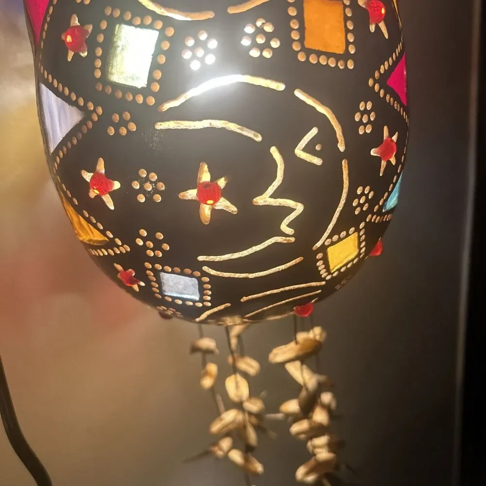 Vintage 14” Boho Gourd Swag Lamp With Celestial Theme Colorful Artsy Ecclectic